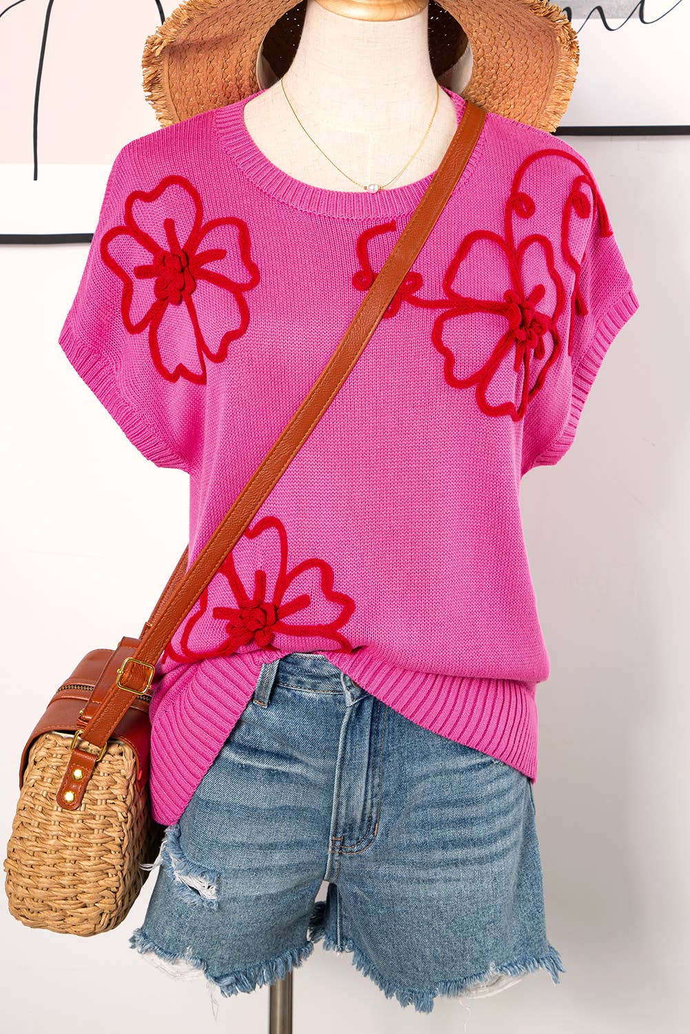 Flower Embroidery Short Sleeve Knitwear Top
