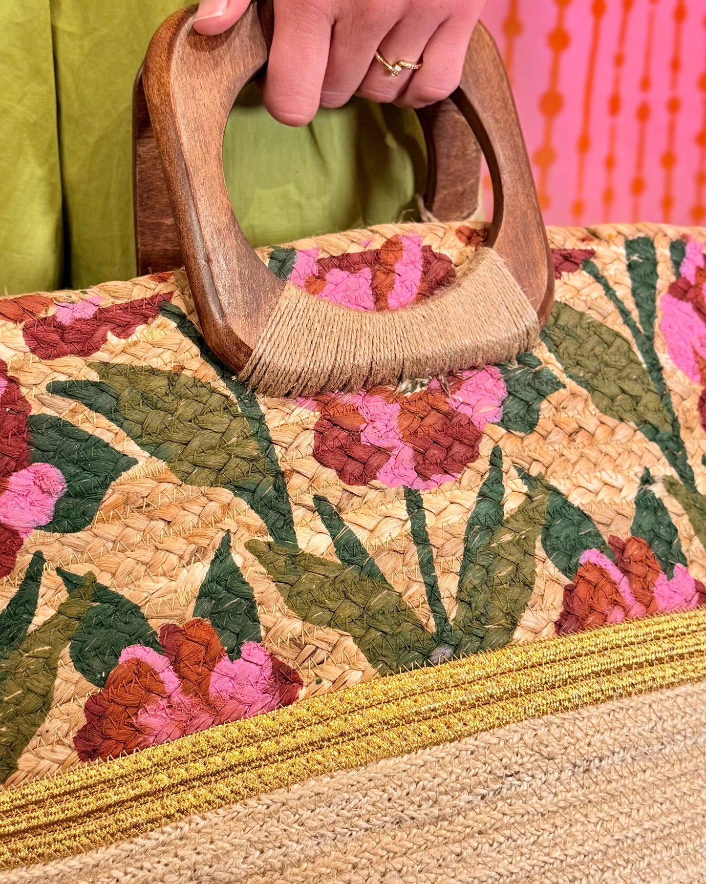 Hand-Painted Floral Jute Bag With Wooden Handle
