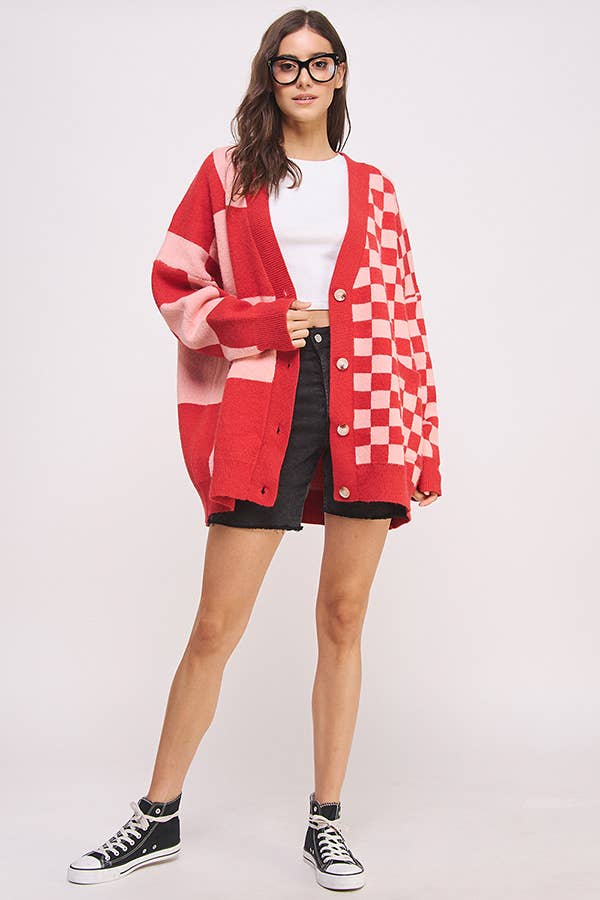 Button Down Long Sleeve Checkered Cardigan