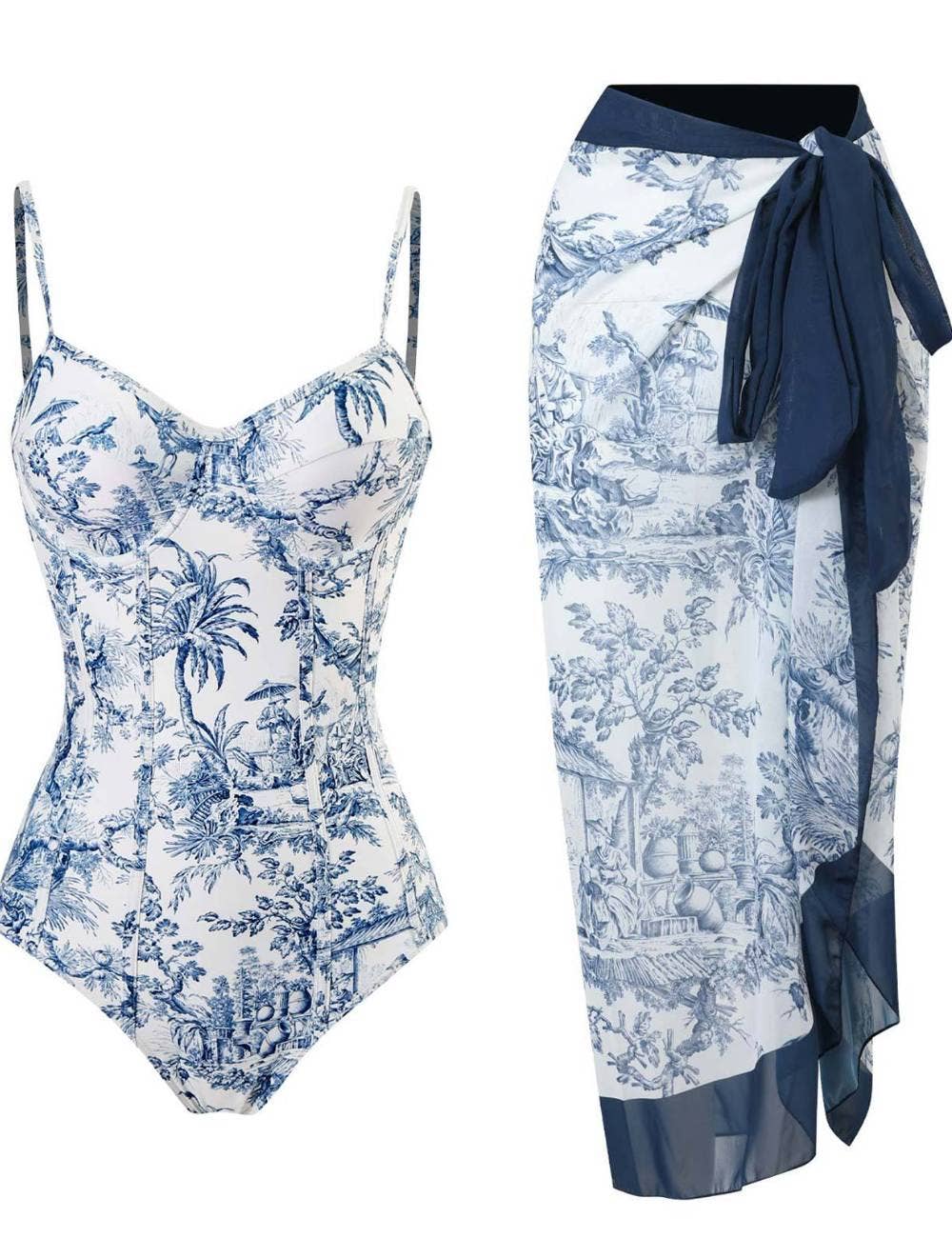 Antique Blue One Piece Swimsuit with Sarang Wrap Cover