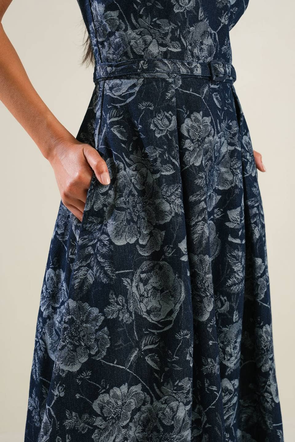 Jacquard Woven Denim Midi Dress