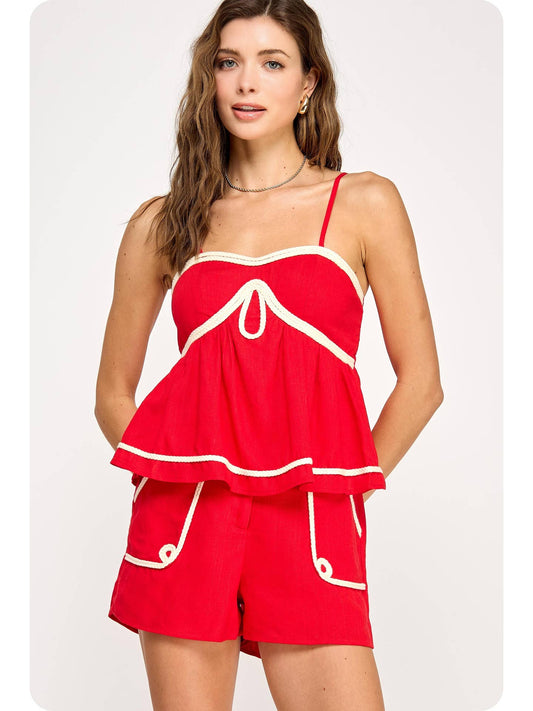 Linen Cami Top With Braided Trim Detail