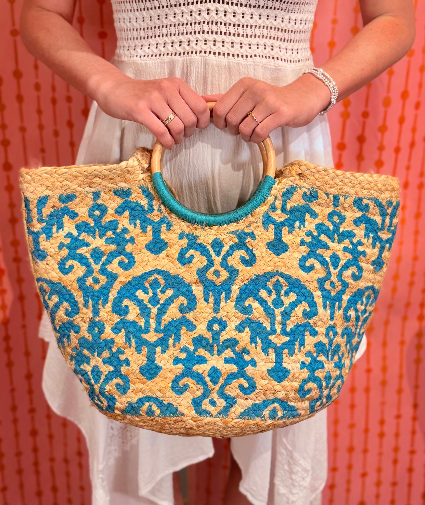 Large Hand-Painted Jute Bag With Woven & Wooden Handles