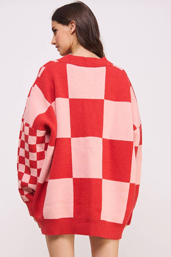 Button Down Long Sleeve Checkered Cardigan