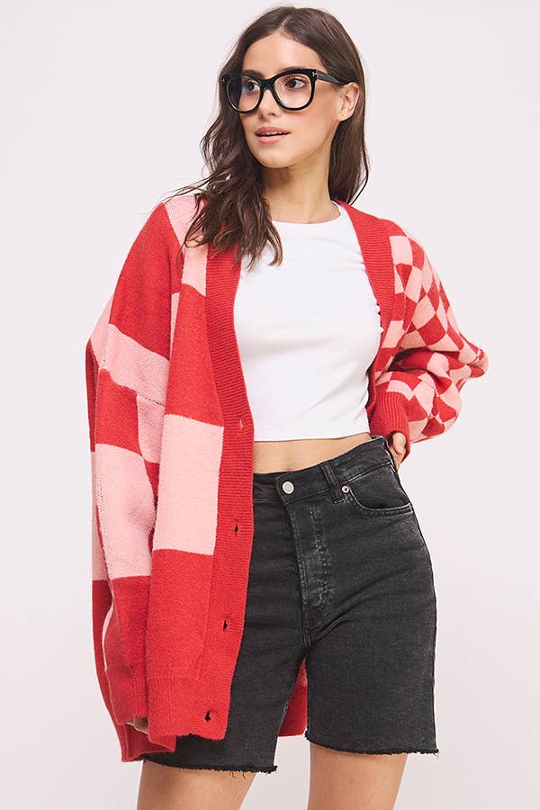 Button Down Long Sleeve Checkered Cardigan