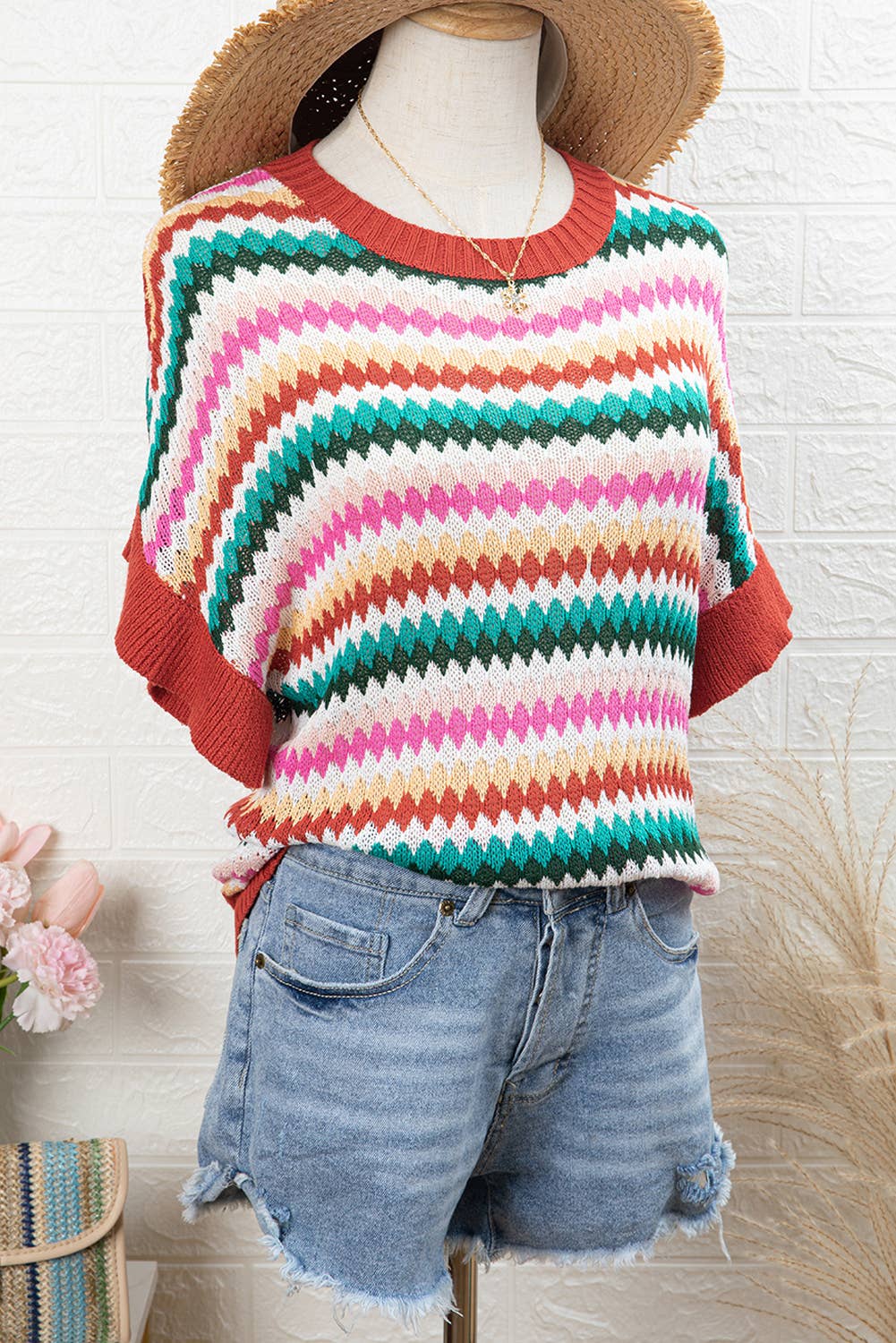 Ruffle Sleeve Colorful Striped Sweater