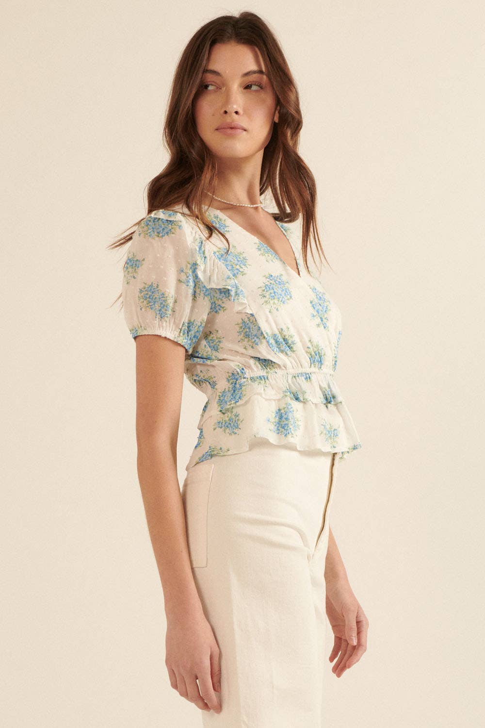 Floral Swiss Dot Ruffled Top