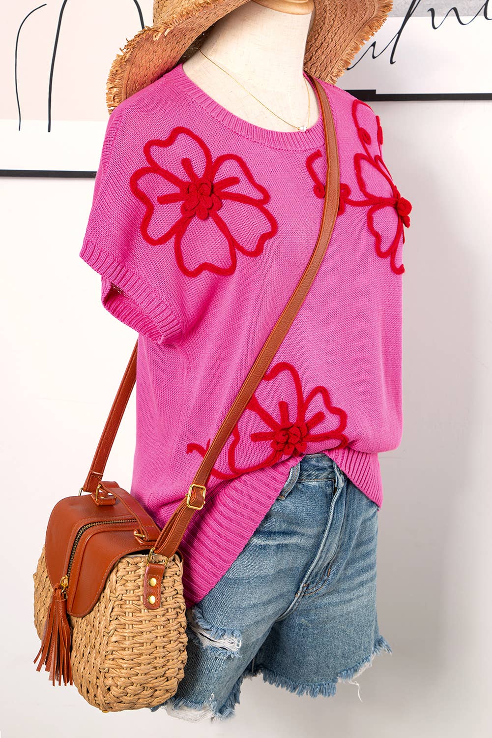 Flower Embroidery Short Sleeve Knitwear Top