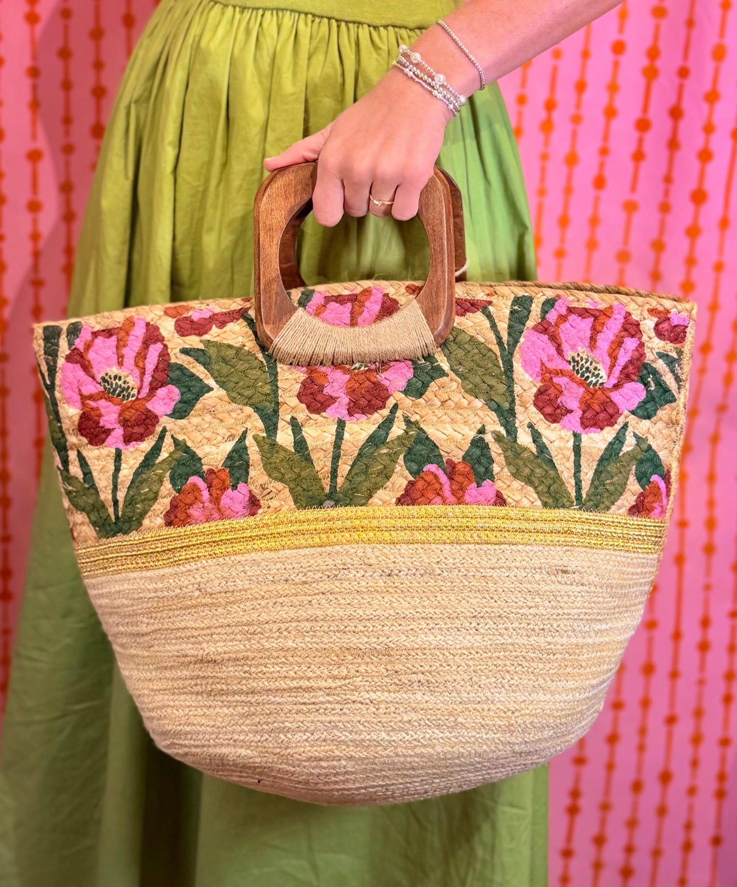 Hand-Painted Floral Jute Bag With Wooden Handle