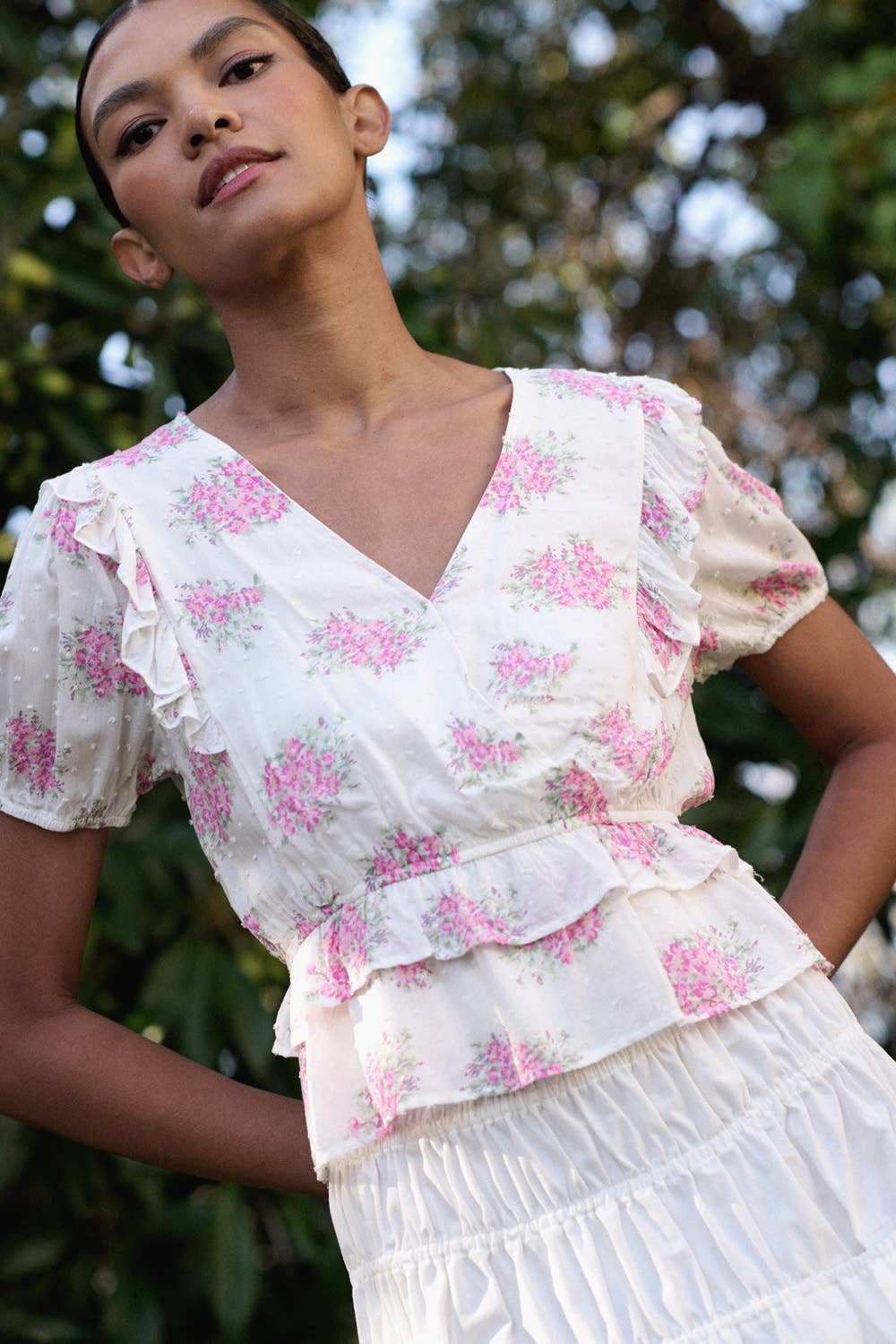 Floral Swiss Dot Ruffled Top