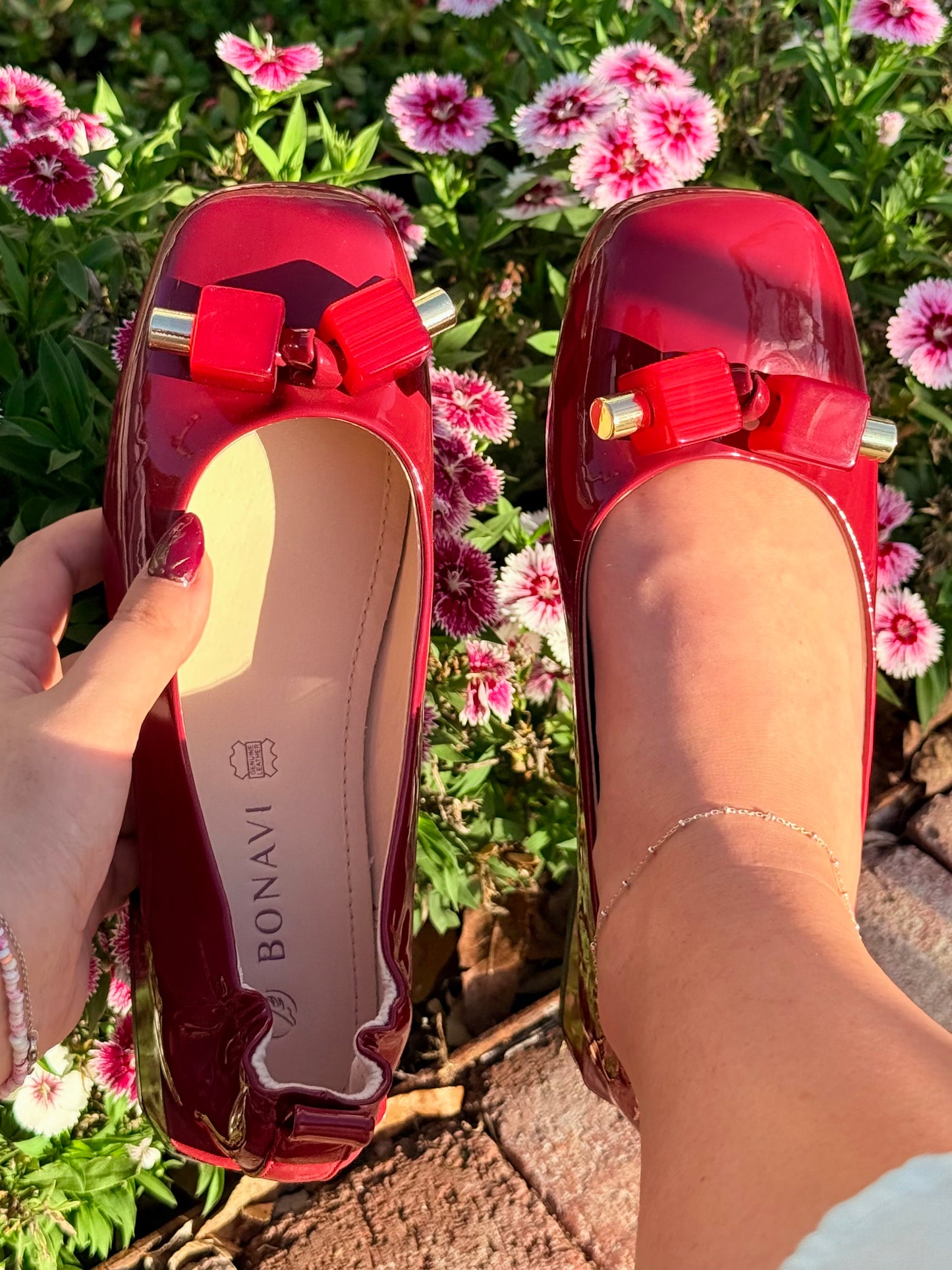 Red Leather Flats with Square Beads