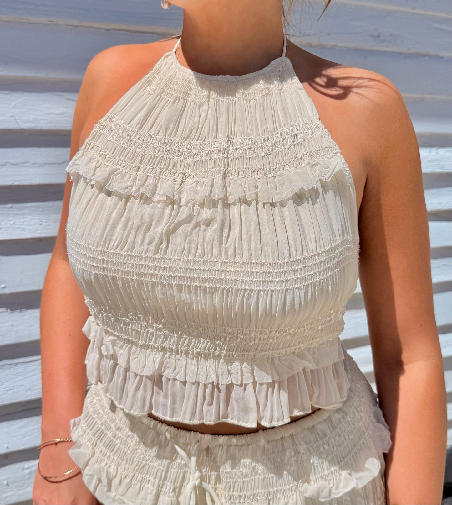 Crème Rouched Halter Tie Top