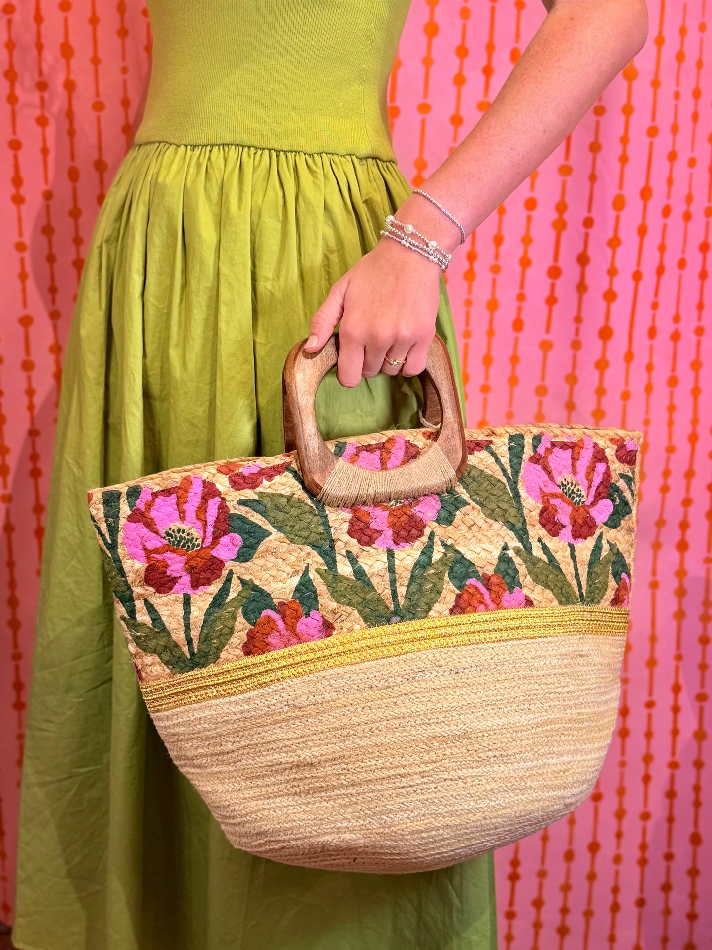Hand-Painted Floral Jute Bag With Wooden Handle