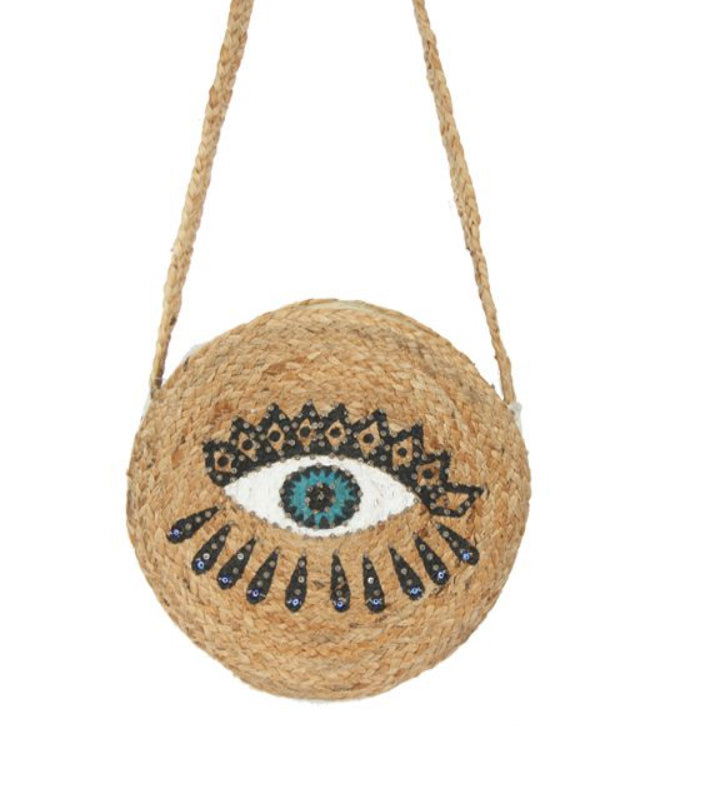 Round Jute Evil Eye Bag/ Purse