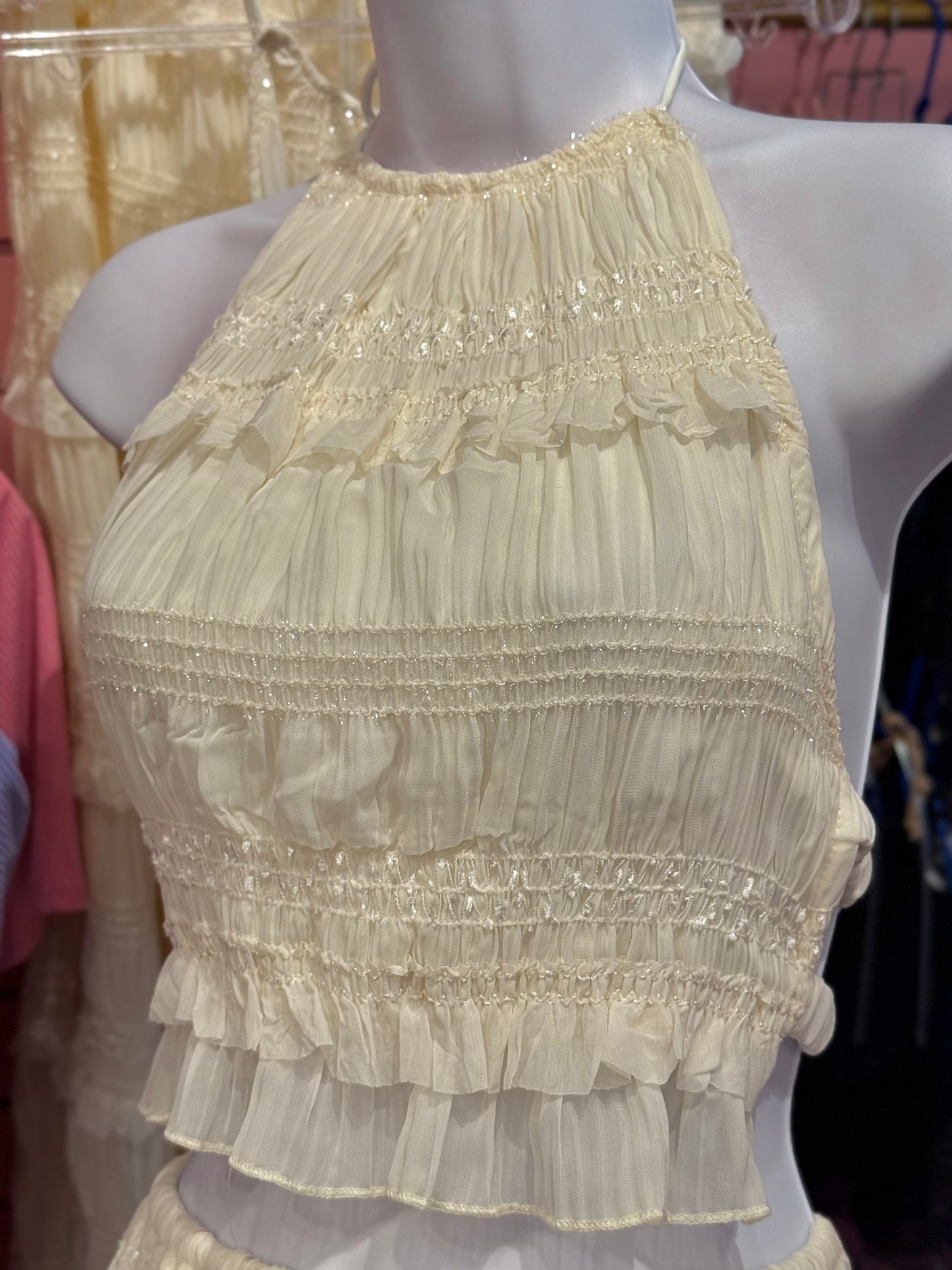 Crème Rouched Halter Tie Top