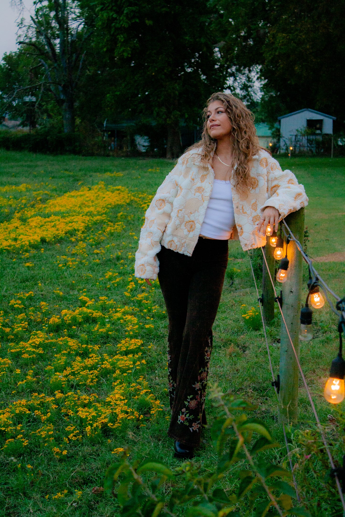 Off-White & Mustard Floral Fluffy Jacket With Embroidery