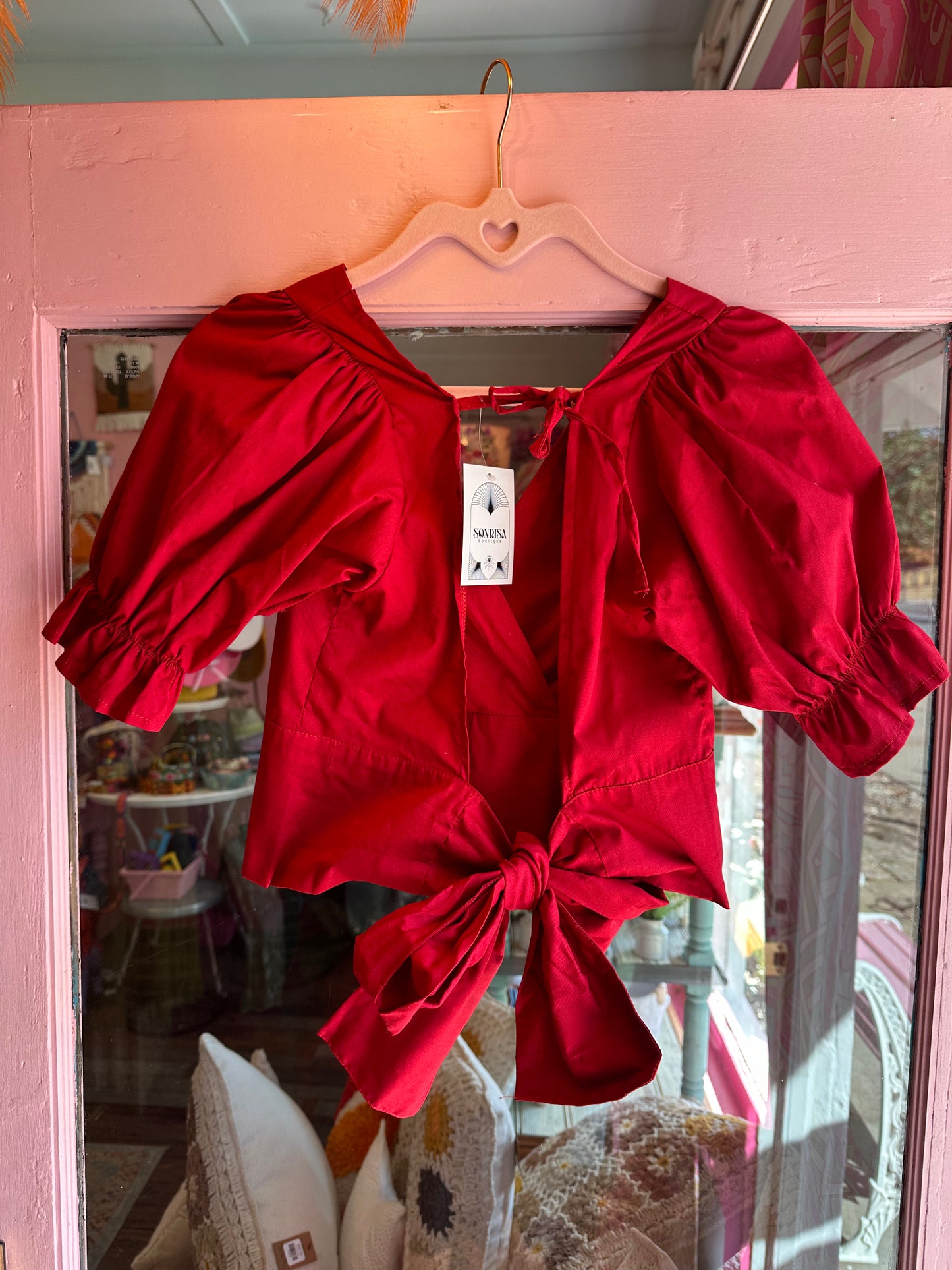 Cropped Top with Puffy Sleeve Tie Back