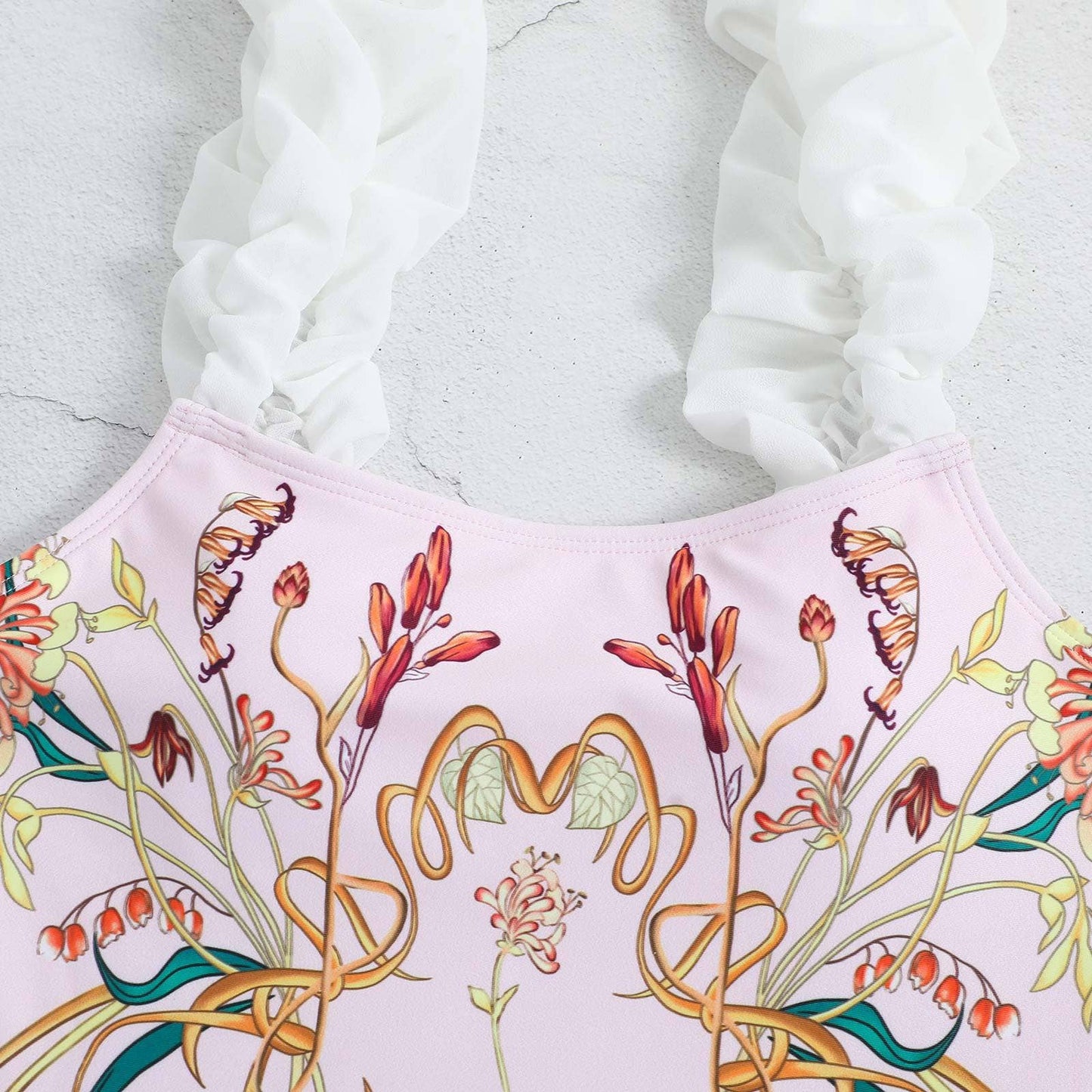 Pink Ruffle Shoulder Swimsuit with Sarong