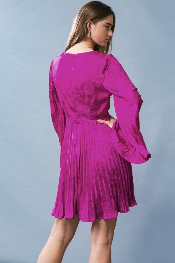 Woven Jacquard Satin Pleated Magenta Mini Dress