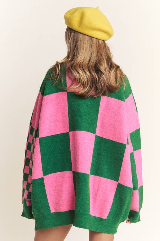Button Down Long Sleeve Checkered Cardigan