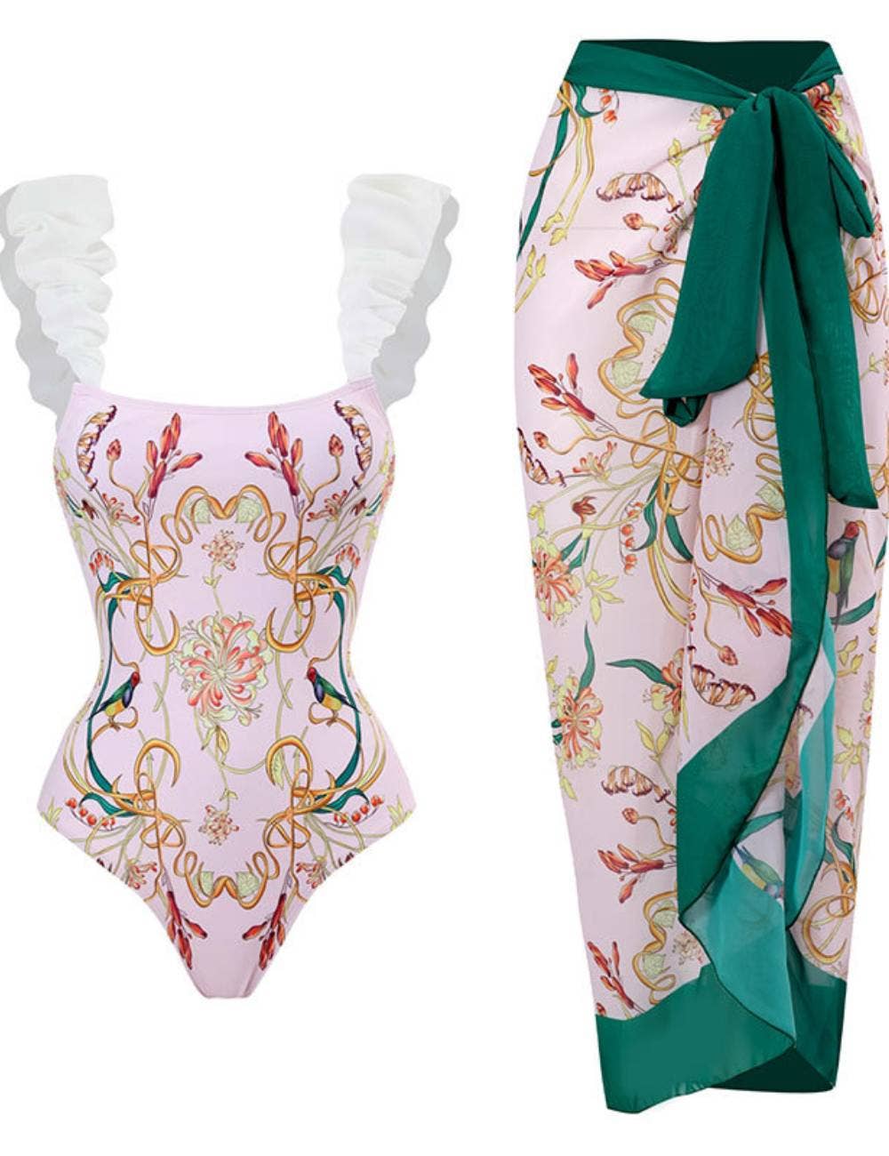 Pink Ruffle Shoulder Swimsuit with Sarong