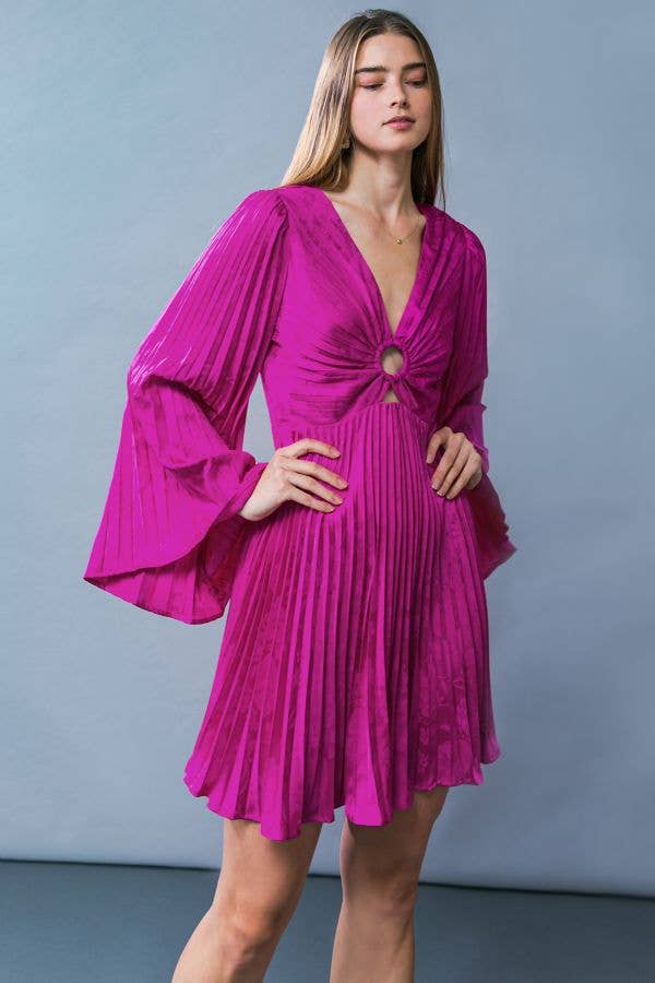 Woven Jacquard Satin Pleated Magenta Mini Dress