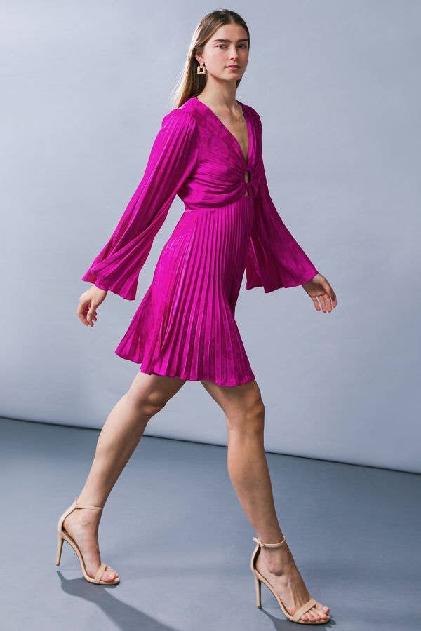 Woven Jacquard Satin Pleated Magenta Mini Dress