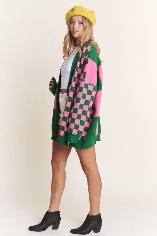 Button Down Long Sleeve Checkered Cardigan