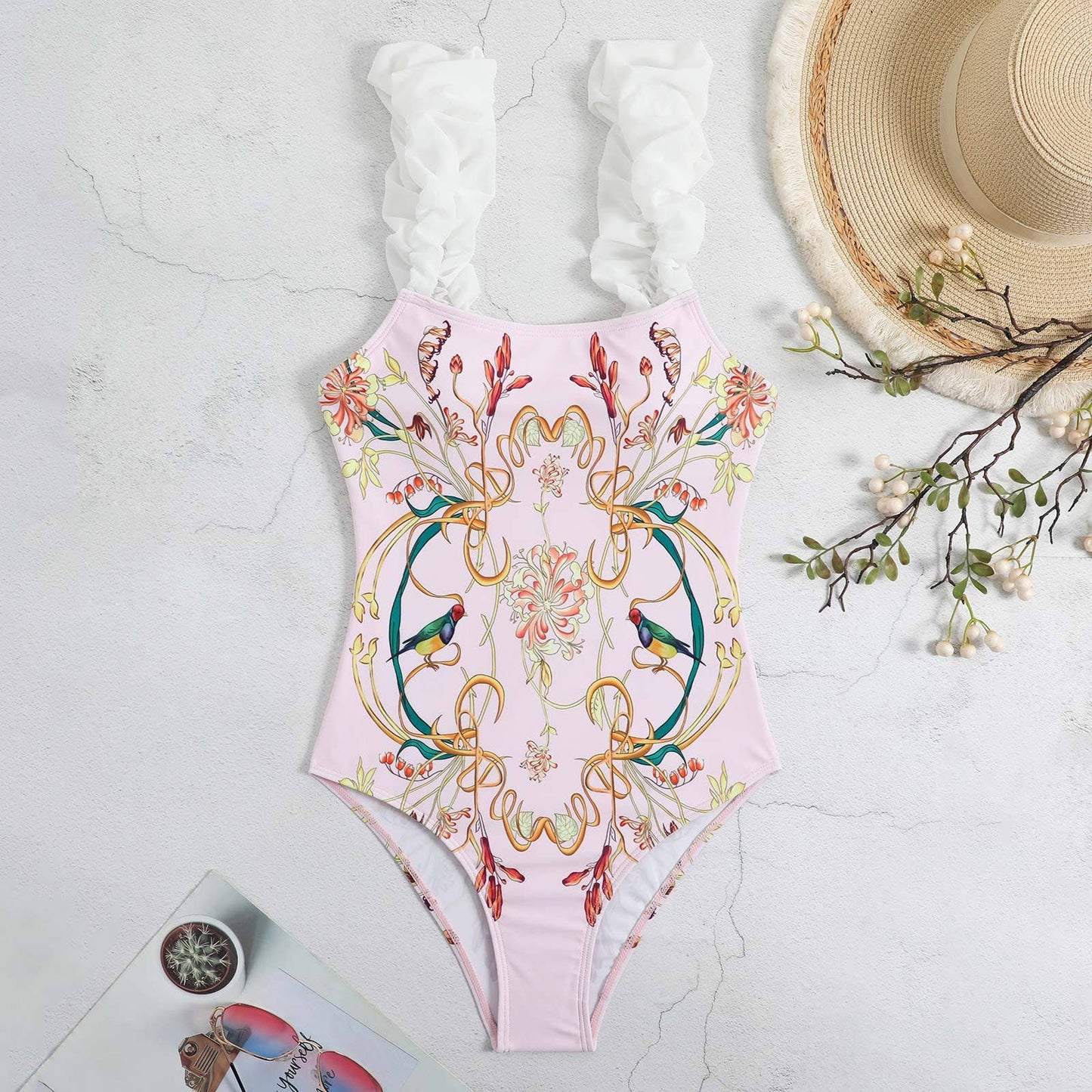 Pink Ruffle Shoulder Swimsuit with Sarong