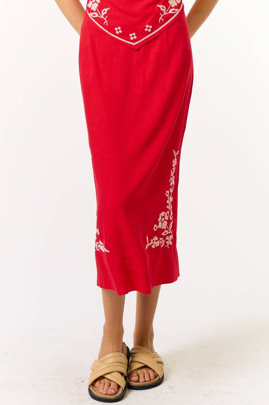 Red Linen Embroidered Maxi Skirt