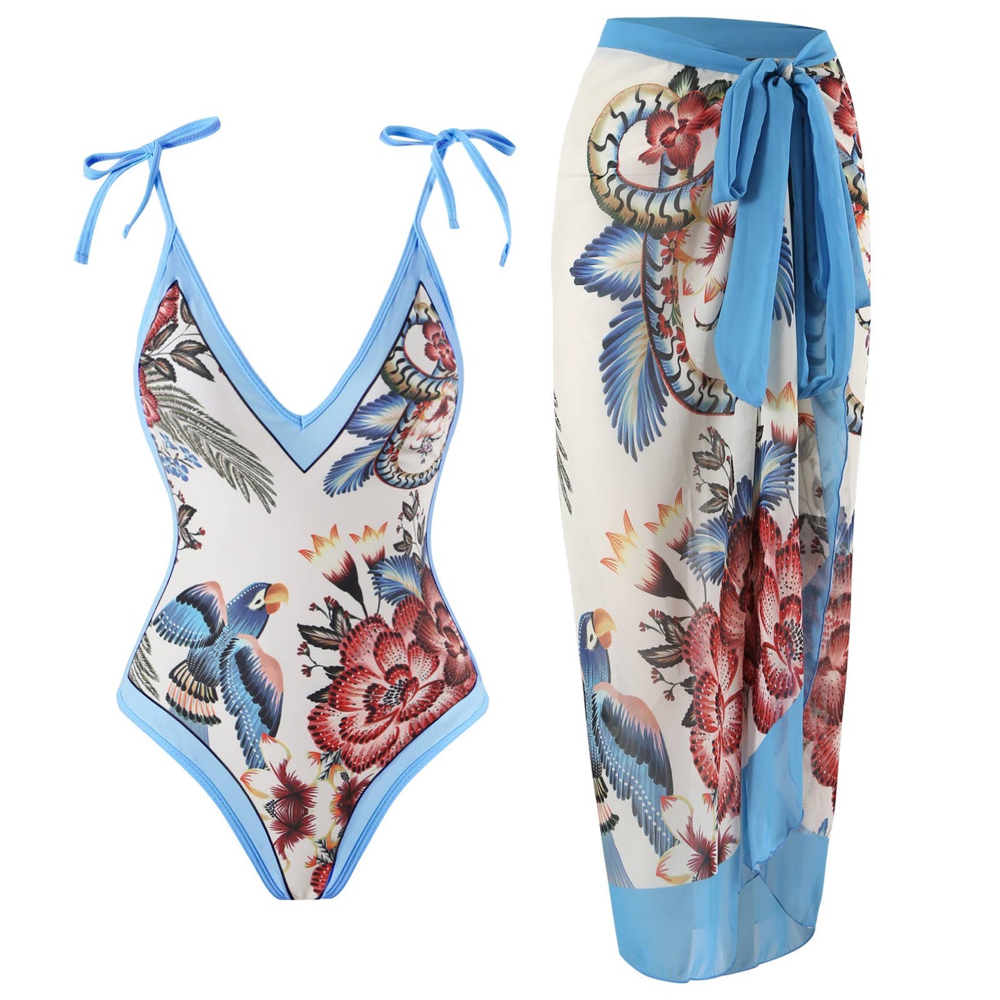 Blue Floral Swimsuit with Matching Sarong