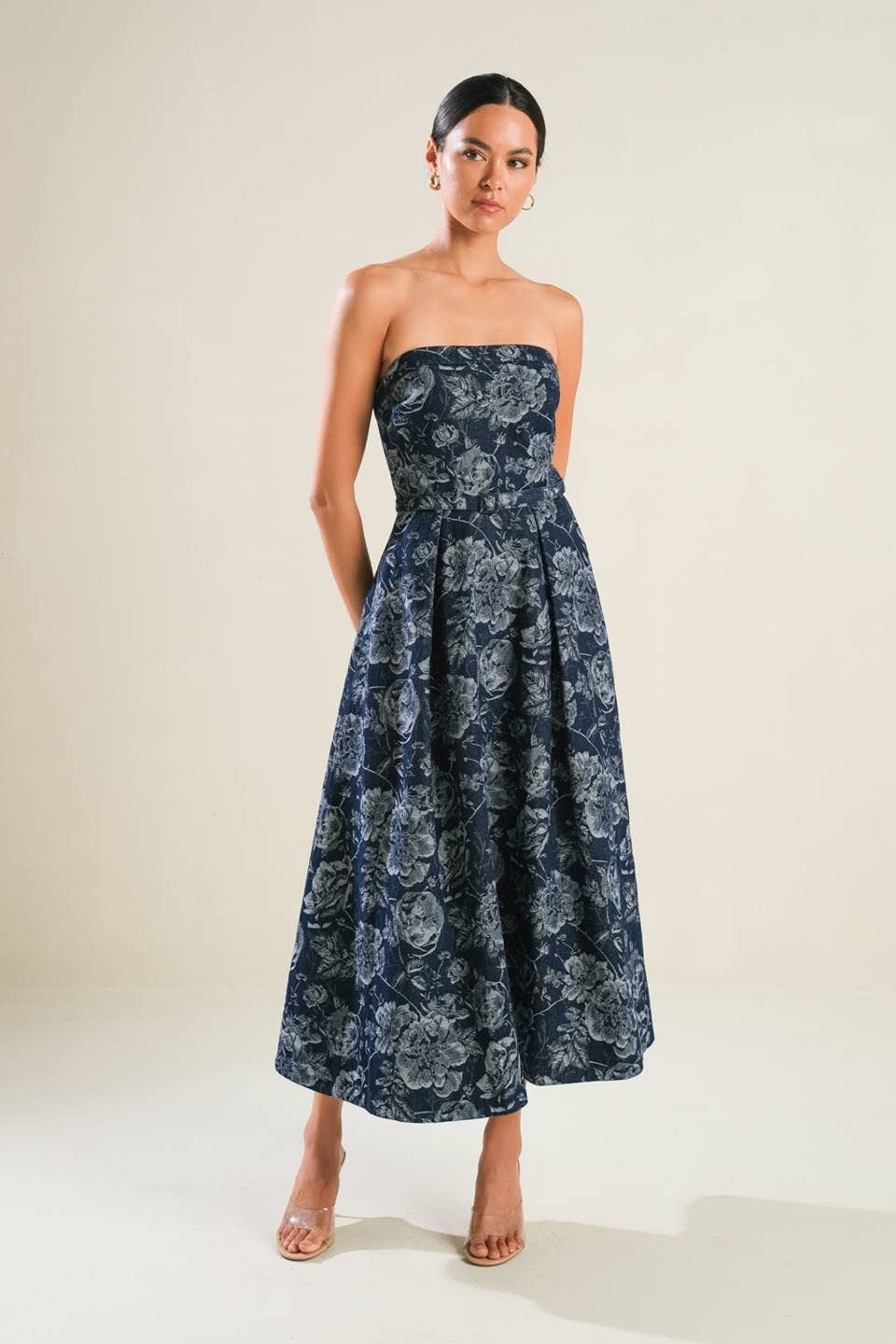 Jacquard Woven Denim Midi Dress