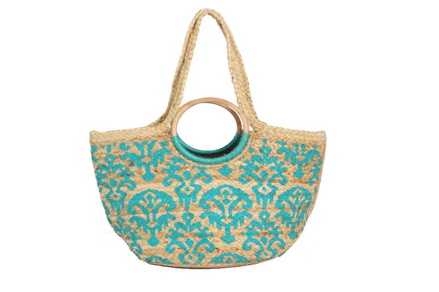 Large Hand-Painted Jute Bag With Woven & Wooden Handles
