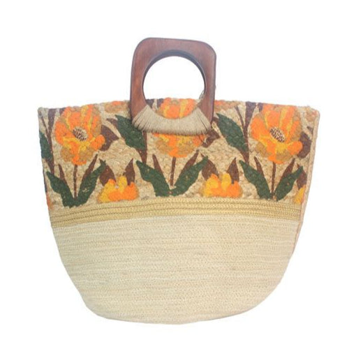 Hand-Painted Floral Jute Bag With Wooden Handle