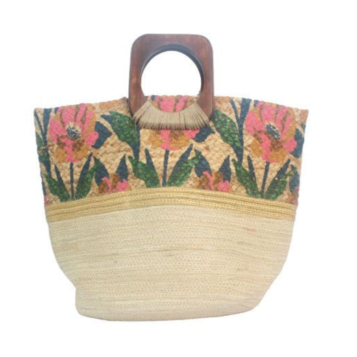 Hand-Painted Floral Jute Bag With Wooden Handle