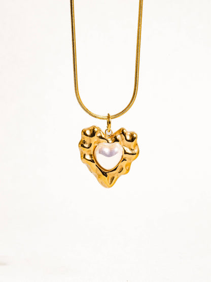 18K Gold Non-Tarnish Layered Pearl Heart Necklace