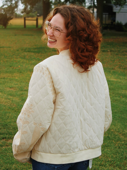 Embroidered Floral Cream Bomber Jacket