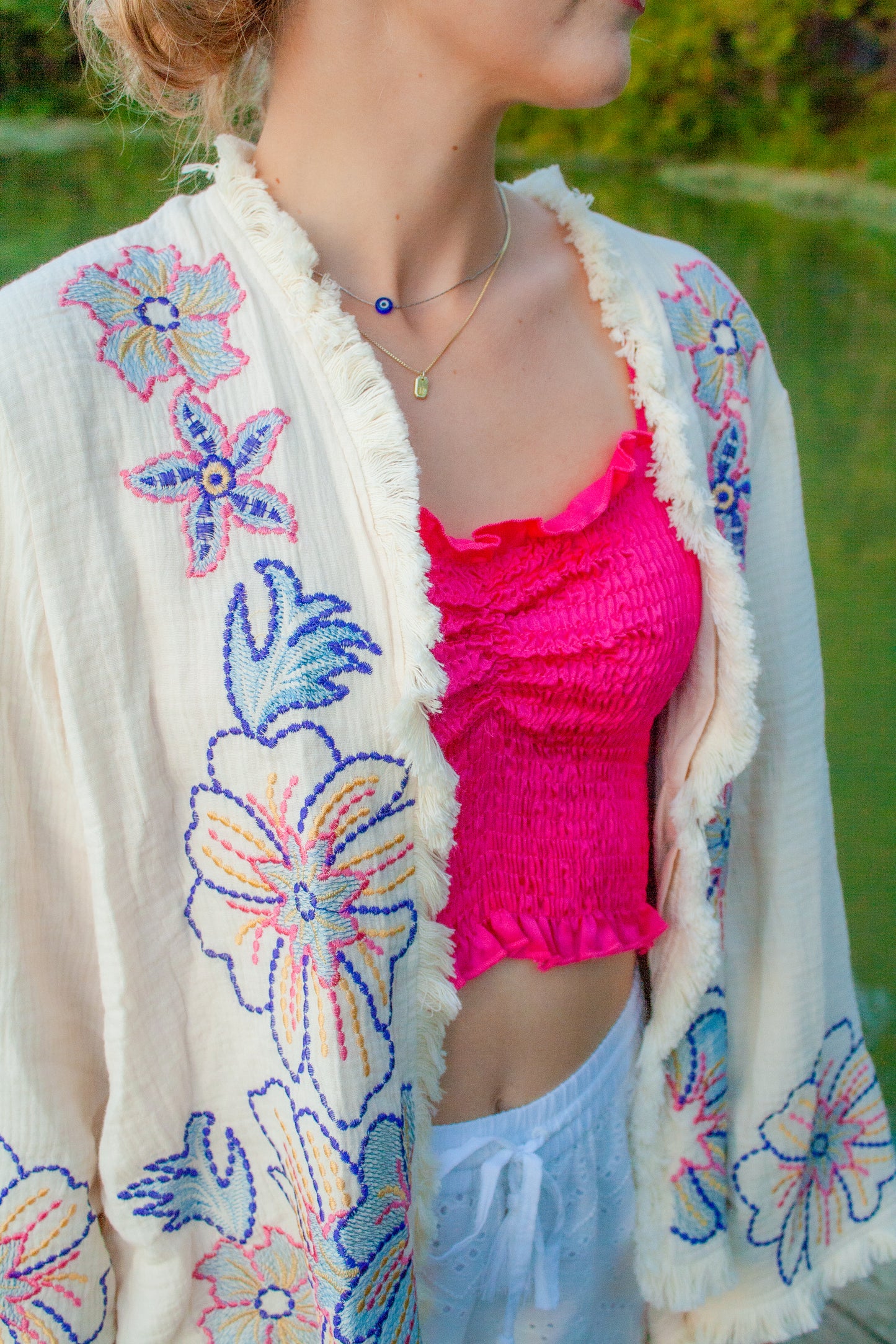 Embroidered Cardigan Quilted Jacket With Frayed Hem