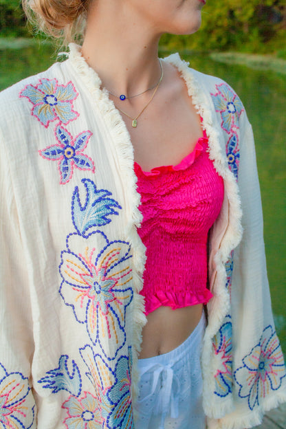 Embroidered Cardigan Quilted Jacket With Frayed Hem