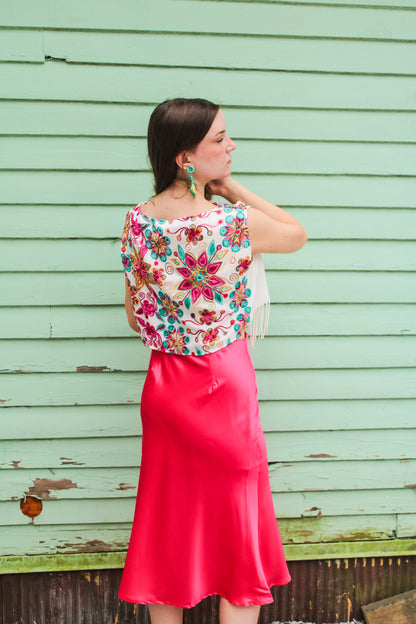 Embroidered Floral Fringe Cropped Blouse