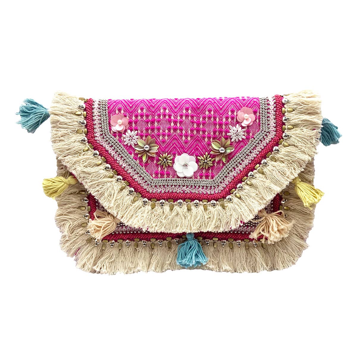 Pink Cream Fringe Tassel Large Jute Clutch