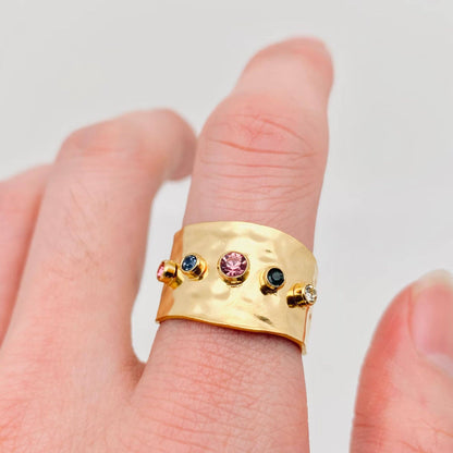 Colorful Zircon Stainless Steel 18K Gold Plated Wide Ring