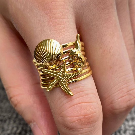Gold Plated Conch, Shell & Starfish Ring
