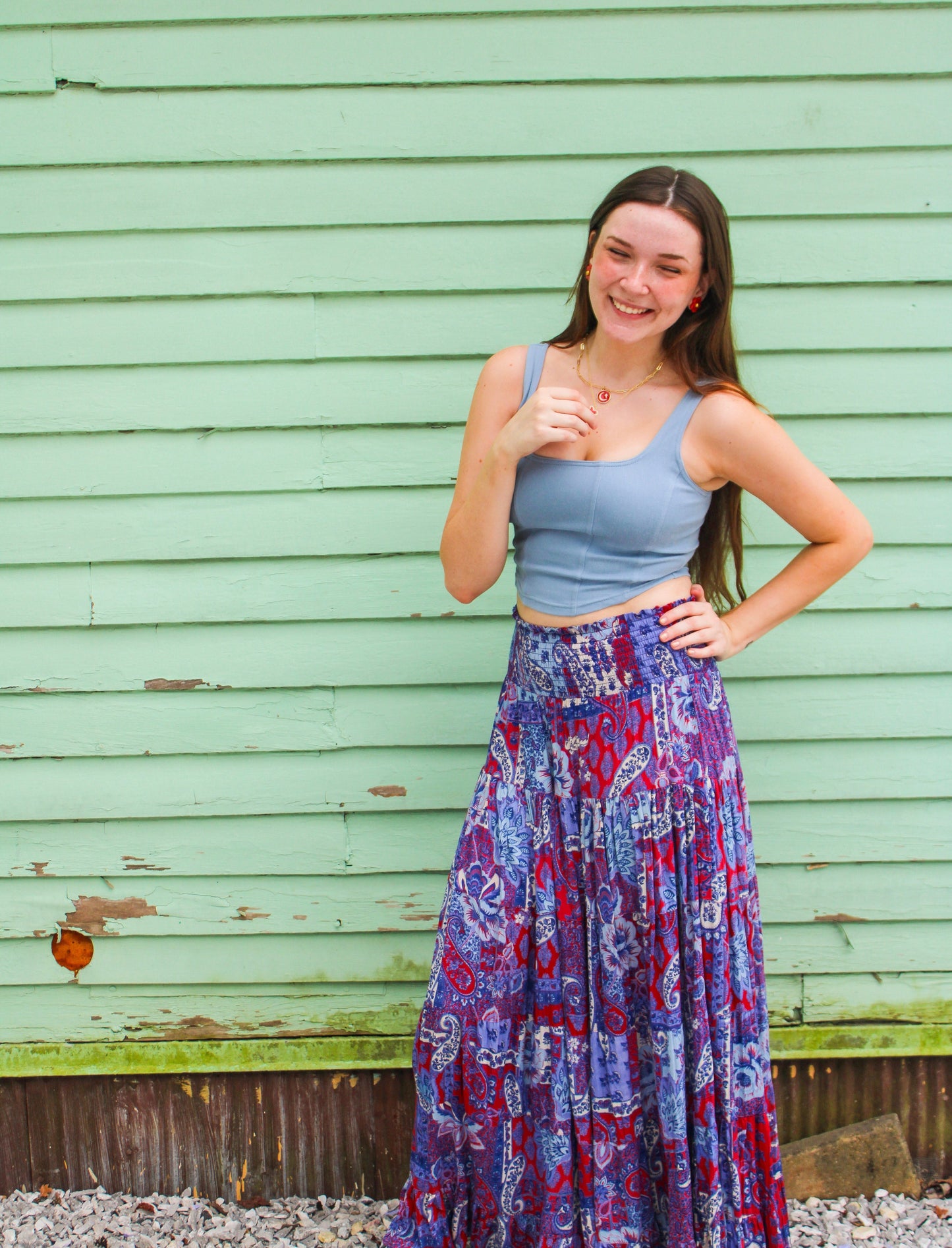Red & Blue Paisley Patterned Flowy Skirt