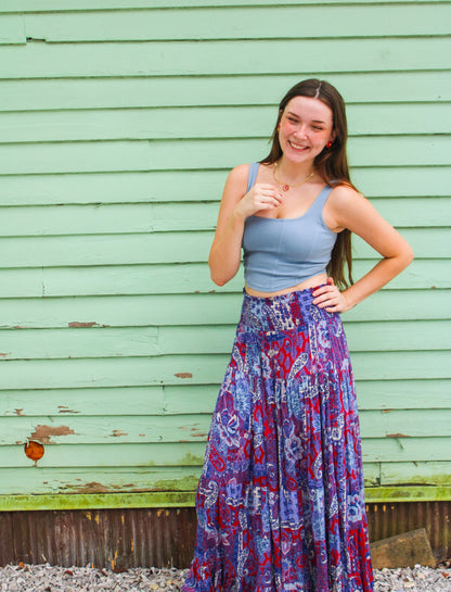 Red & Blue Paisley Patterned Flowy Skirt