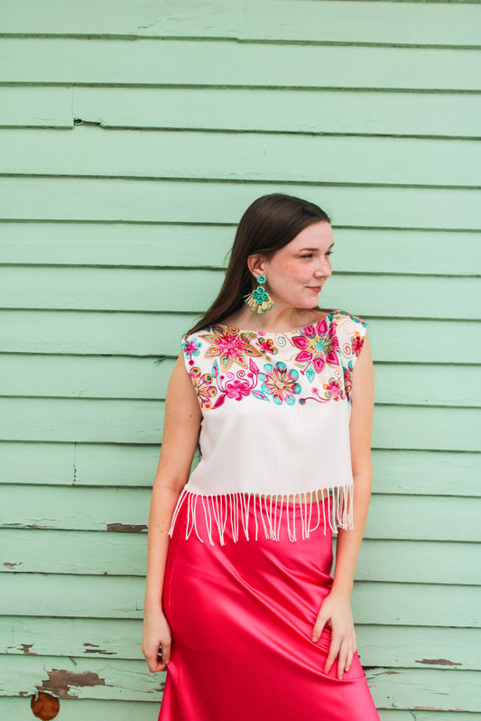 Embroidered Floral Fringe Cropped Blouse