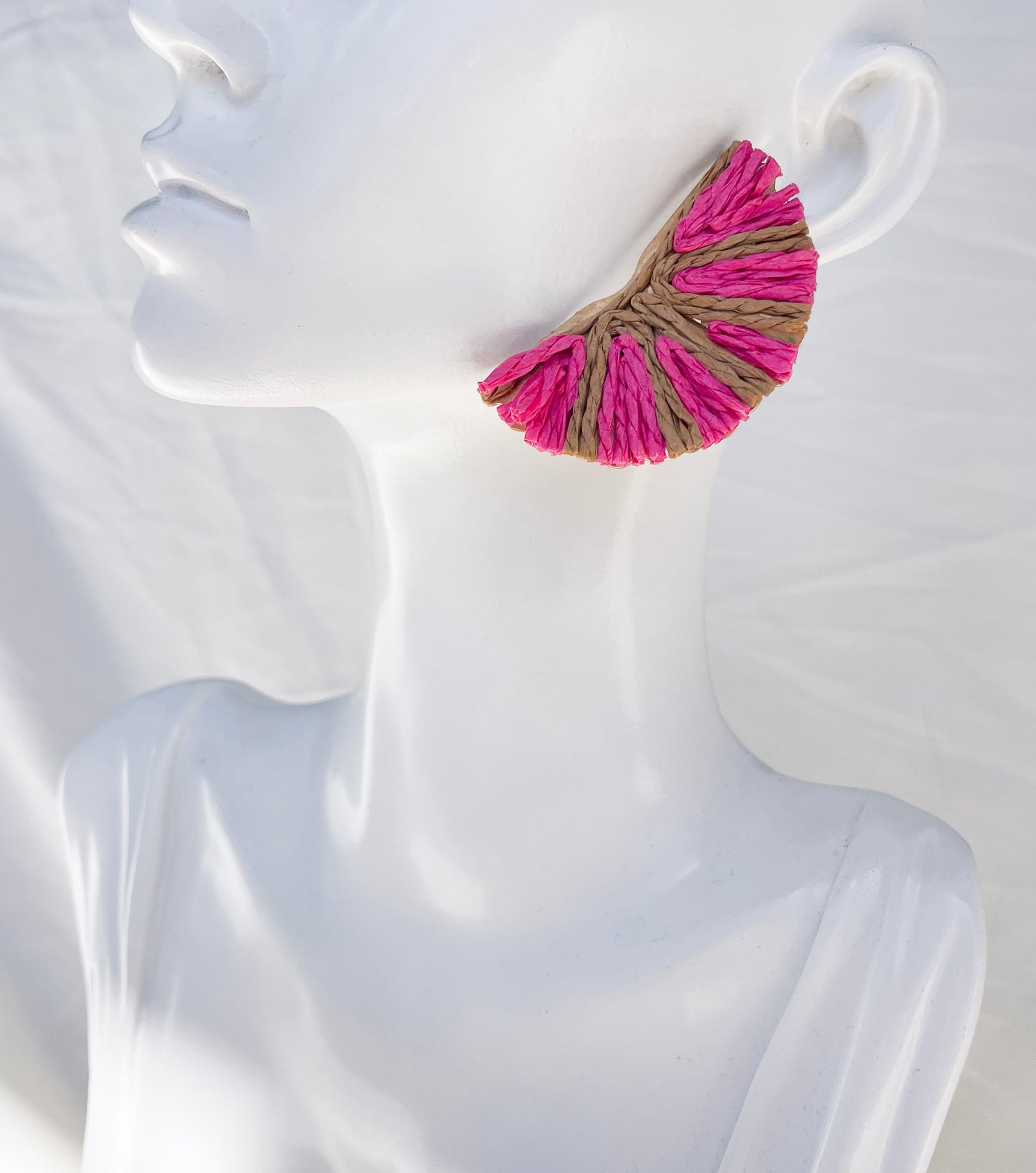 Colorful Raffia Fan Earrings on Gold Back