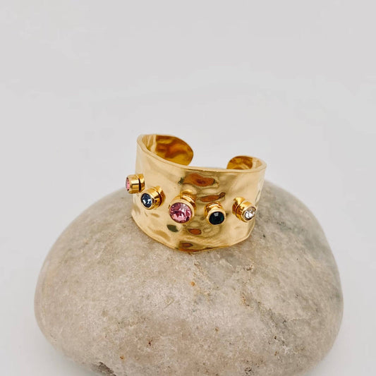 Colorful Zircon Stainless Steel 18K Gold Plated Wide Ring