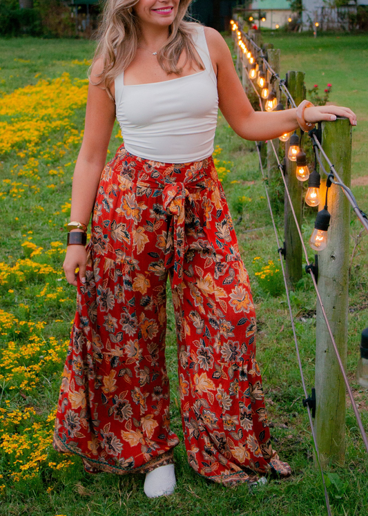 Floral Flowing Tie Waist Wide-Leg Pants