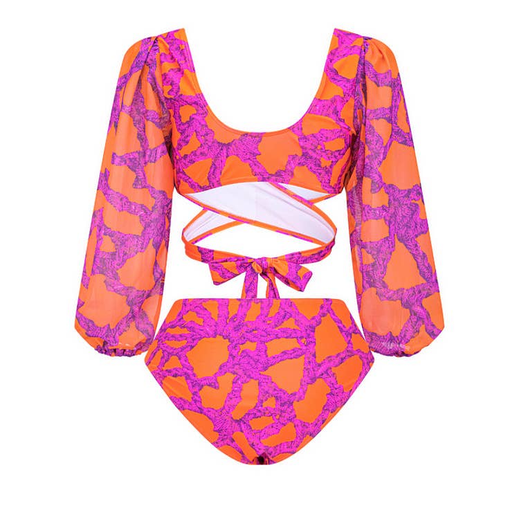 3-Piece Floral High-Waisted Long Sleeve Bikini Swimsuit with Cover Up Skirt